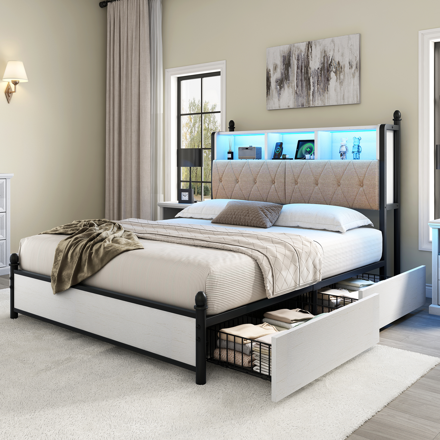 Merluxy Full Size Bed Frame with Bookcase Headboard and 4 Storage Drawers, Wooden Platform Bed with Charging Station and LED Light, No Box Spring Needed/Noise-Free, Gray