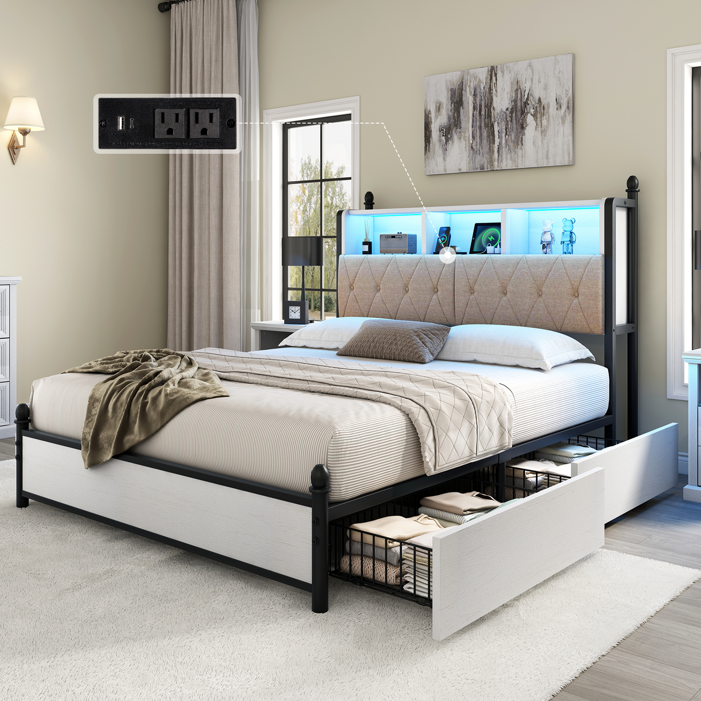 Merluxy Full Size Bed Frame with Bookcase Headboard and 4 Storage Drawers, Wooden Platform Bed with Charging Station and LED Light, No Box Spring Needed/Noise-Free, Gray