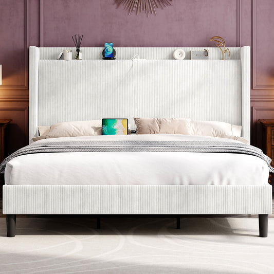 Corduroy Upholstered Bed Frame with Modern Wingback Storage Headboard, Charging Station