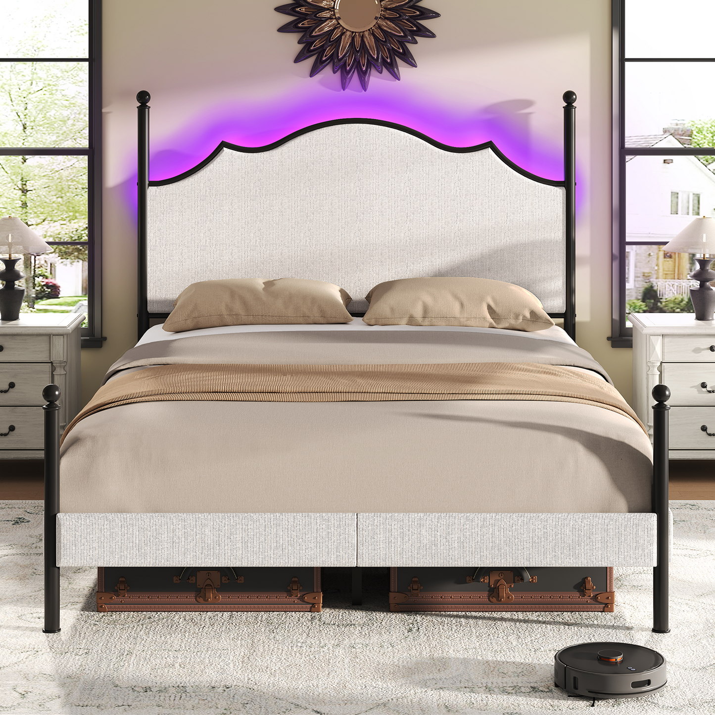 Upholstered Full Size Bed Frame with 51.2" Tall Headboard, Metal Four Poster LED Beds for Bedroom, Easy Assembly, Wooden Slats