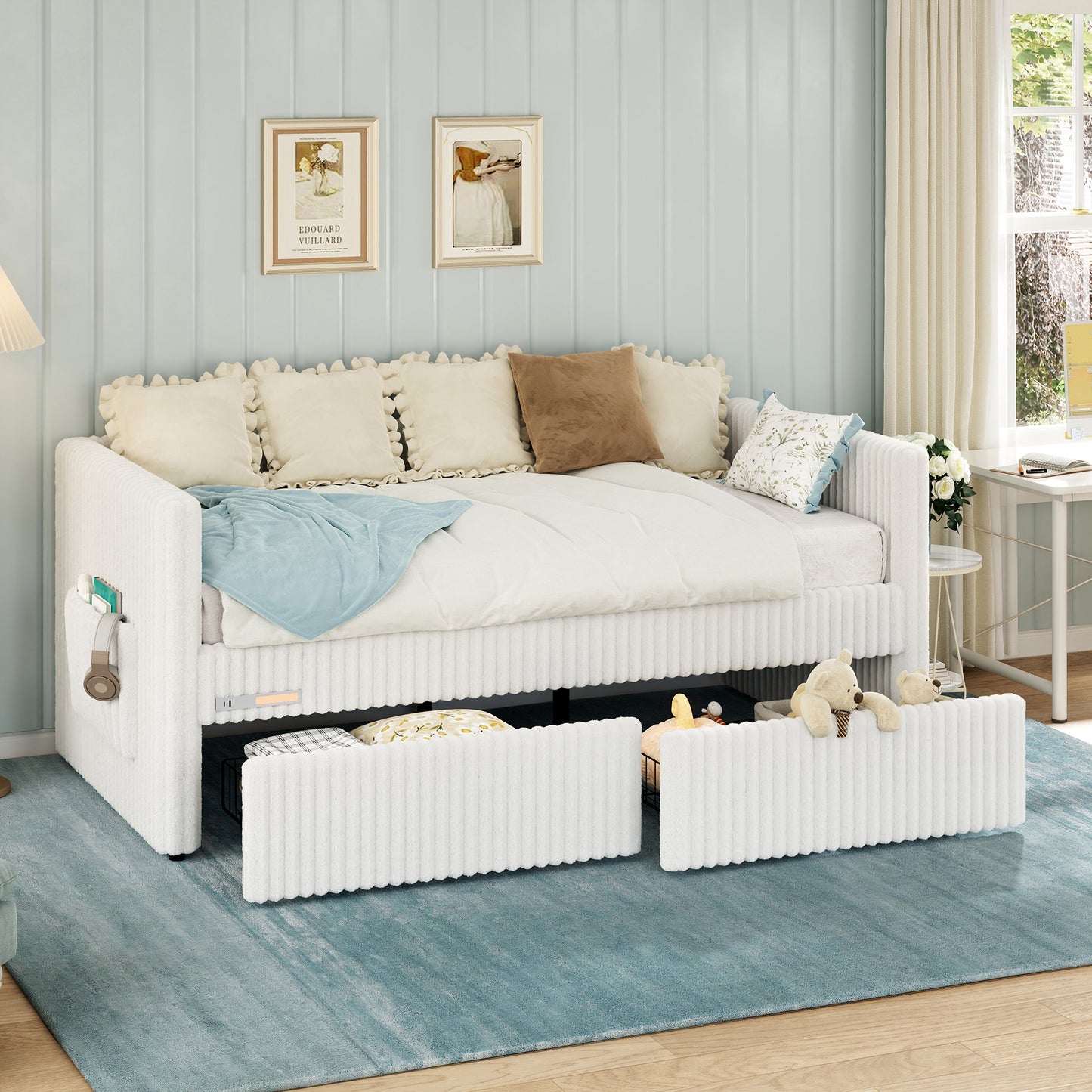 Jocisland Twin Size Corduroy Daybed with 2 Storage Drawers & Bedside Pockets, Upholstery Sofa Bed With Charging & Night Light, Easy Assembly, No Box Spring Needed, for Living Room, Bedroom