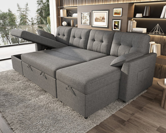 VANACC 112" Sectional Sofa with Double Storage Chaise,Reversible Pull Out Couch for Living Room,Gray
