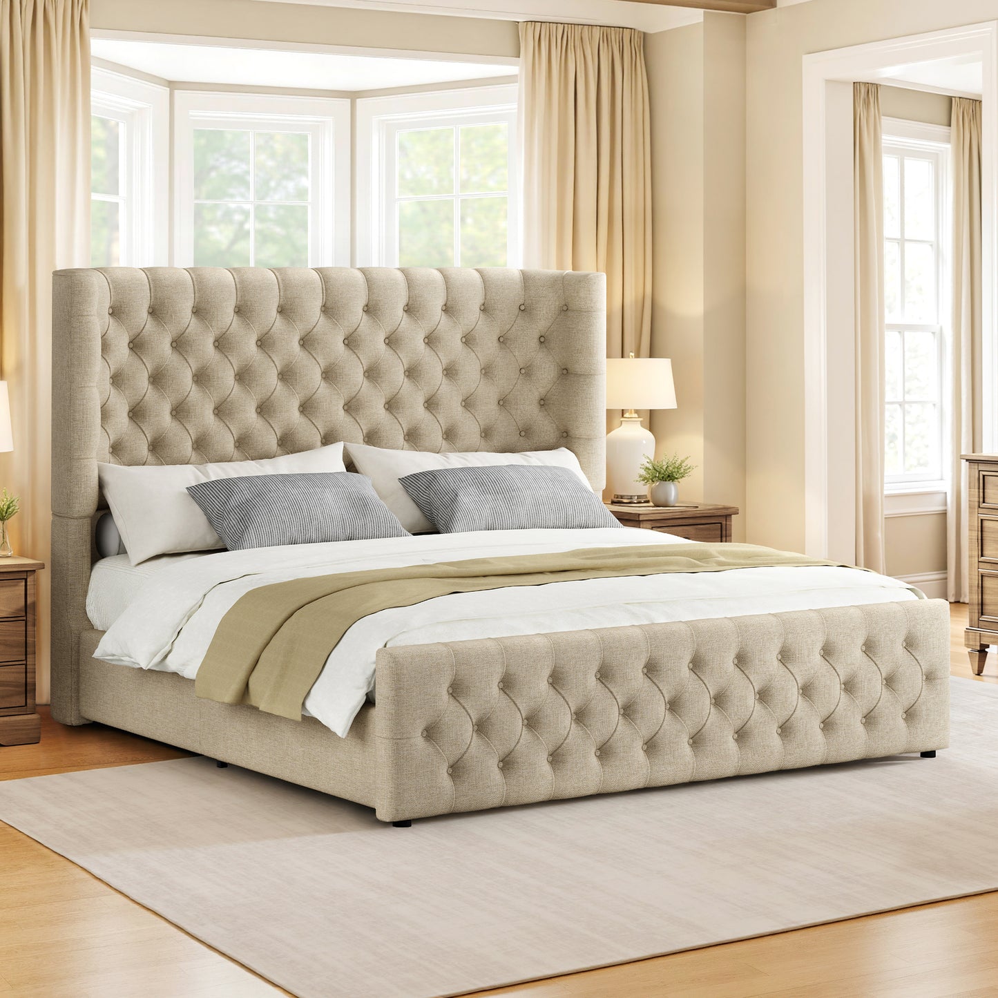 Jocisland Platform Bed Frame, 6.3" Thick Upholstered Curved Wingback Headboard and Footboard with Deep Button Tufted, Easy Assembly, No Box Spring Needed