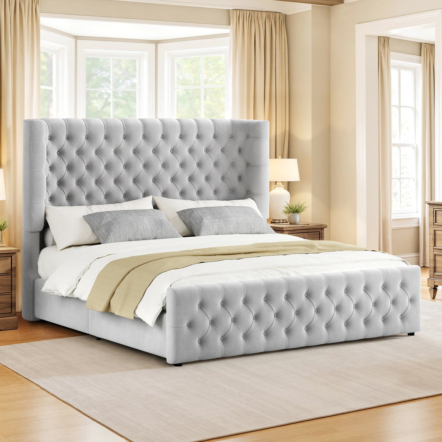 Jocisland Platform Bed Frame, 6.3" Thick Upholstered Curved Wingback Headboard and Footboard with Deep Button Tufted, Easy Assembly, No Box Spring Needed