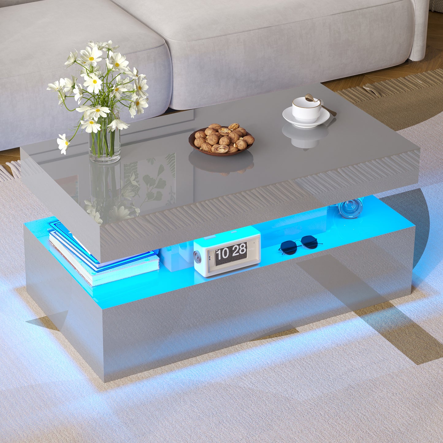 Coffee Table with LED Light, Modern High Gloss Finish Center Table with 2-Tier Storage Space, Minimalist Coffee Table for Living Room, Office, Black