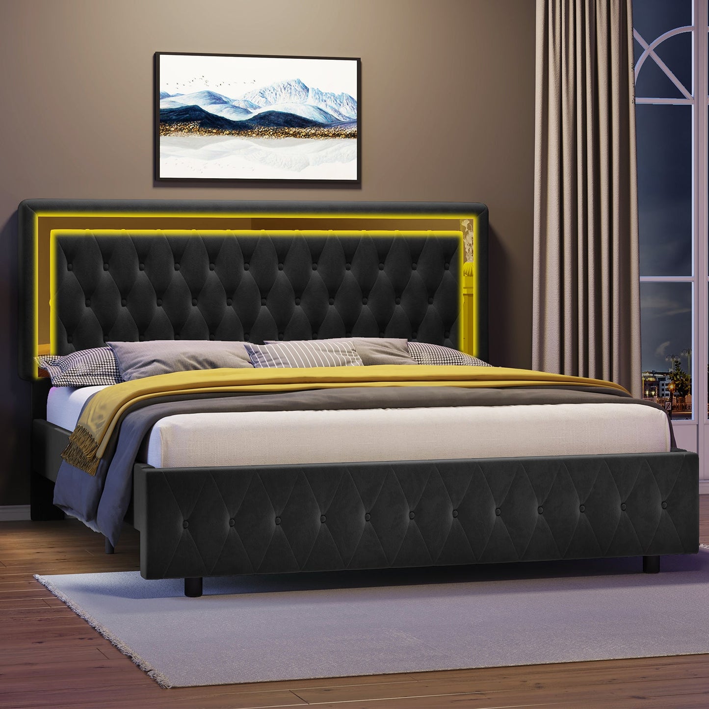 Platform  Bed Frame with LED Lights, Velvet Upholstered Bed Frame with Adjustable Headboard