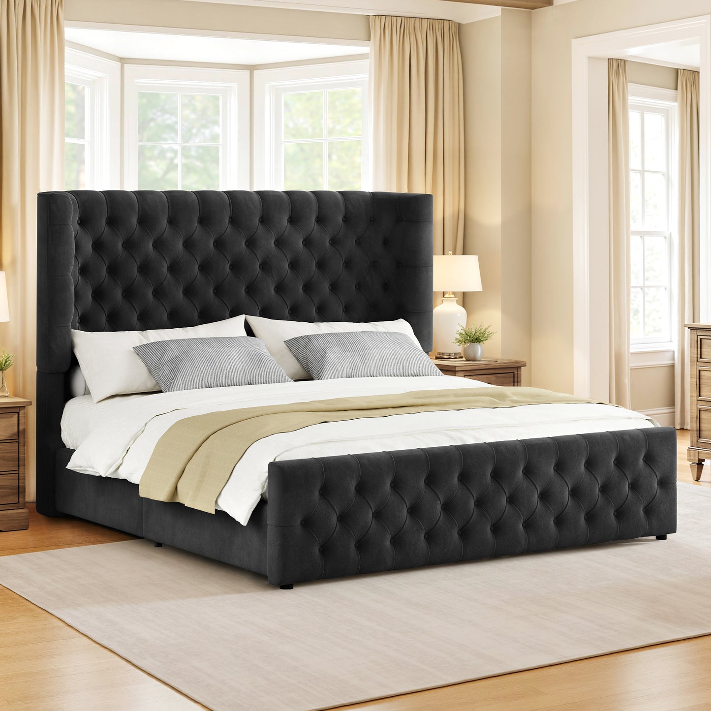 Jocisland Platform Bed Frame, 6.3" Thick Upholstered Curved Wingback Headboard and Footboard with Deep Button Tufted, Easy Assembly, No Box Spring Needed