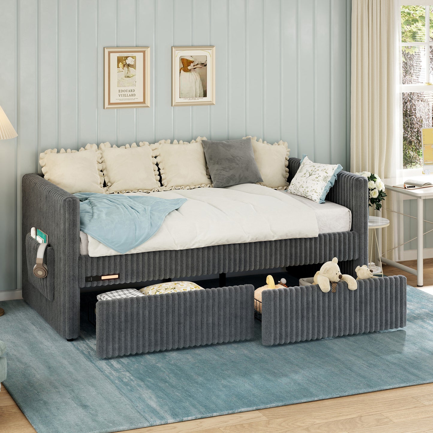 Jocisland Twin Size Corduroy Daybed with 2 Storage Drawers & Bedside Pockets, Upholstery Sofa Bed With Charging & Night Light, Easy Assembly, No Box Spring Needed, for Living Room, Bedroom
