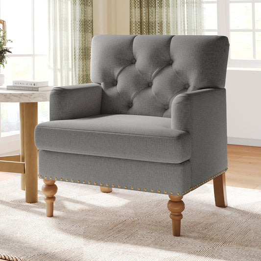 Linen Accent Chair, Modern Upholstered Button Tufted Lounge Reading Chair for Living Room