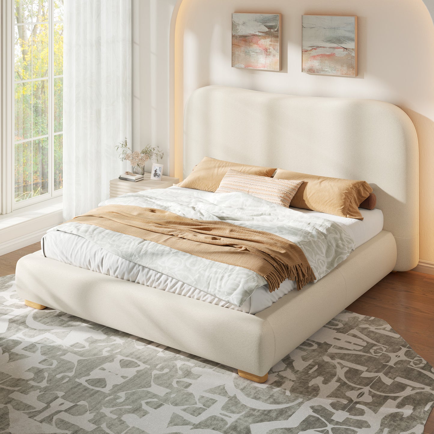 Jocisland Cloud Bed Frame, 7.1" Thick Curved Headboard, Soft Rounded Corners Kid & Pet Safe Design, Modern Upholstered Platform Bed, No Box Spring Needed, Easy Assembly