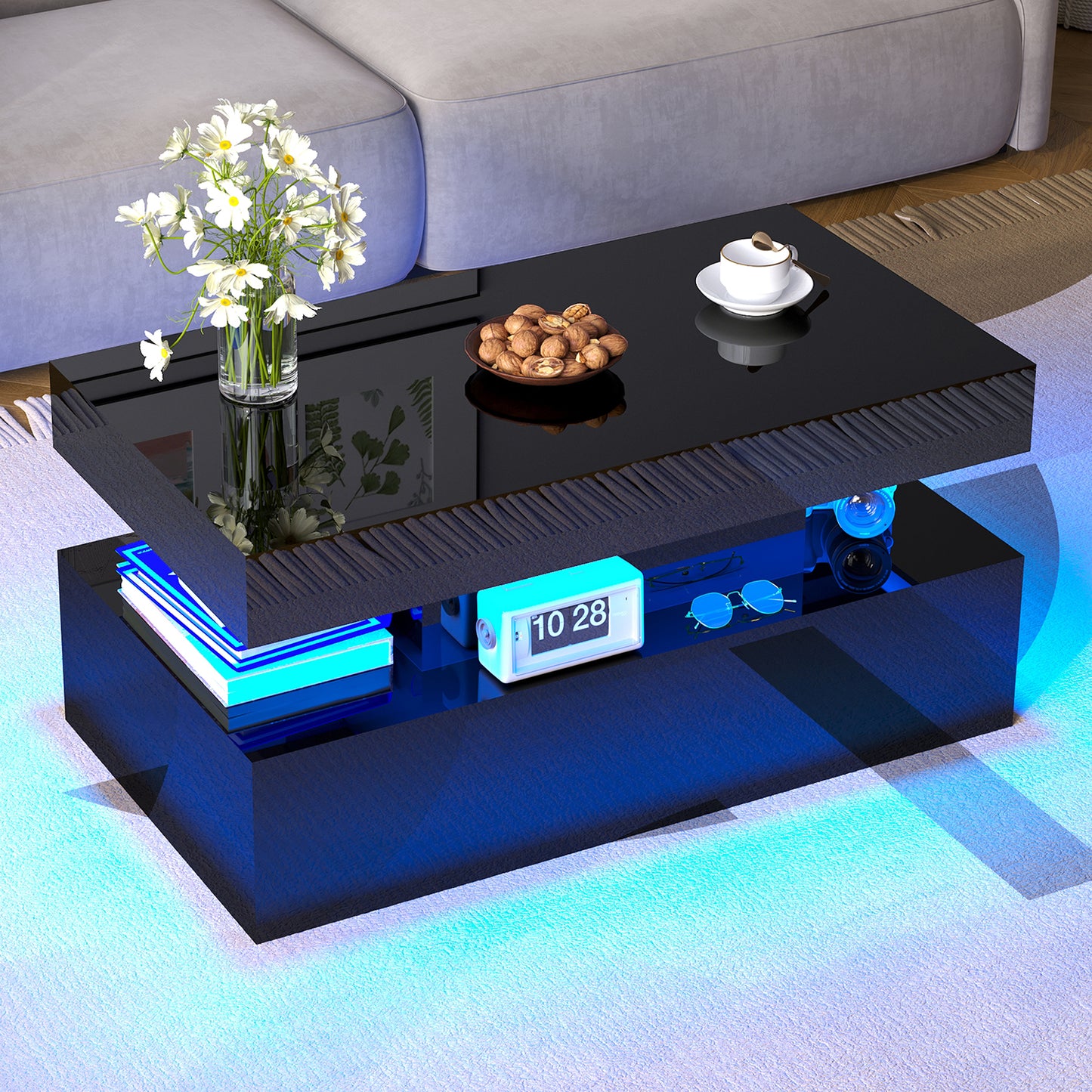 Coffee Table with LED Light, Modern High Gloss Finish Center Table with 2-Tier Storage Space, Minimalist Coffee Table for Living Room, Office, Black