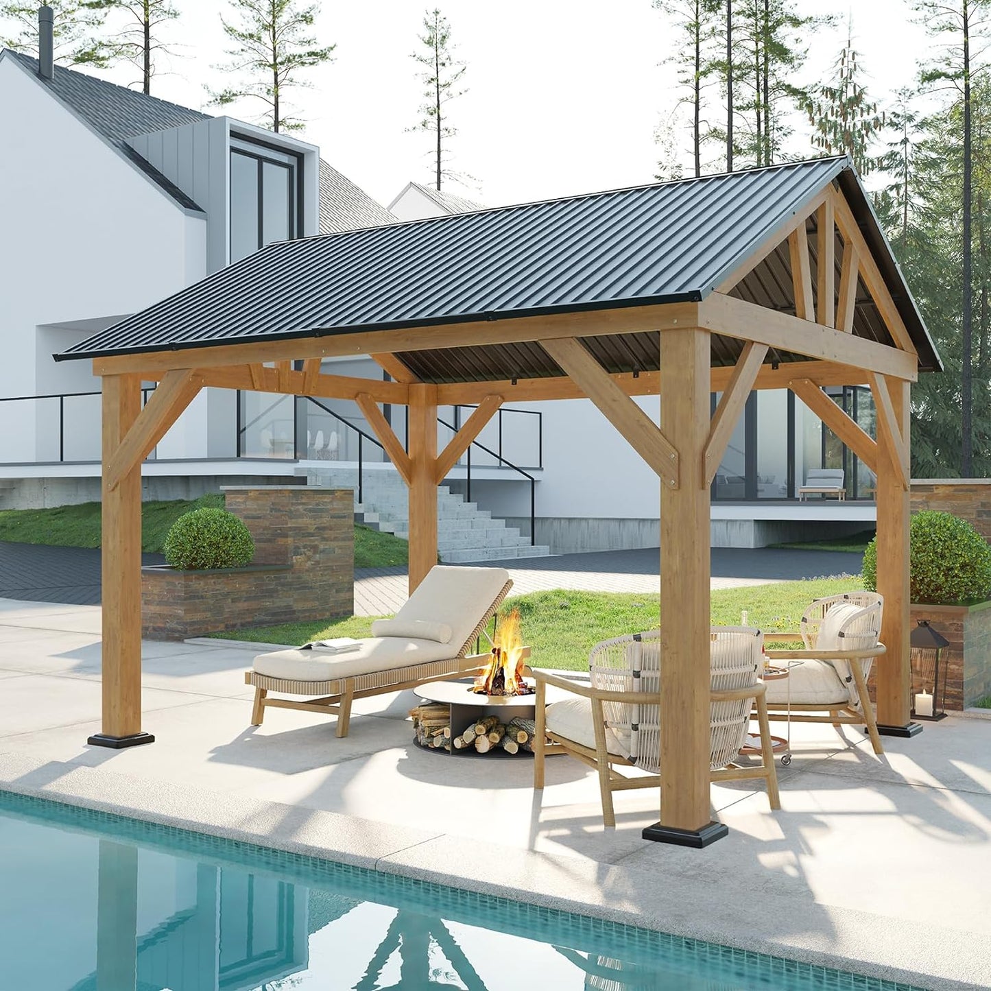 Jocisland Wood Gazebo, Hardtop Gazebo with Metal Steel Gable Roof, Outdoor Gazebo with Guest House for Garden, Porch, Patio, Black + Natural Wood