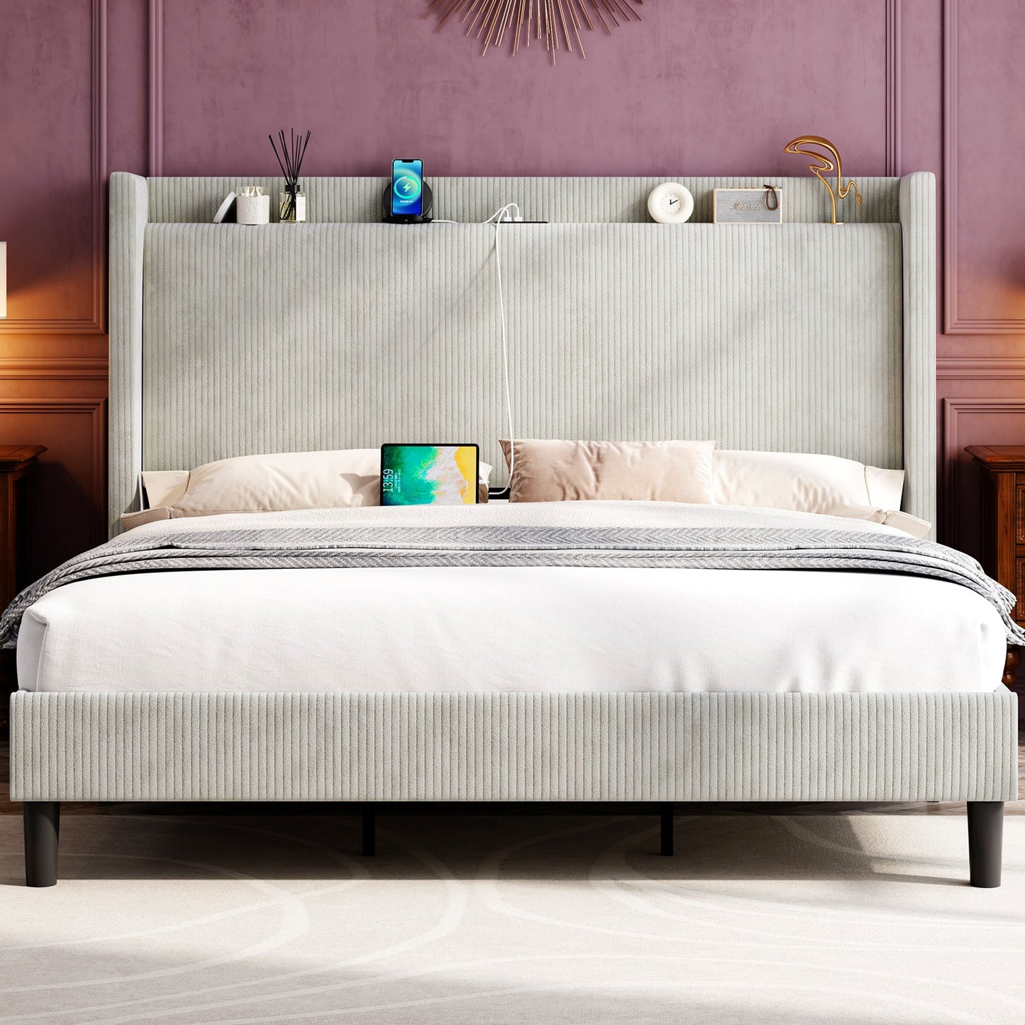 Corduroy Upholstered Bed Frame with Modern Wingback Storage Headboard, Charging Station