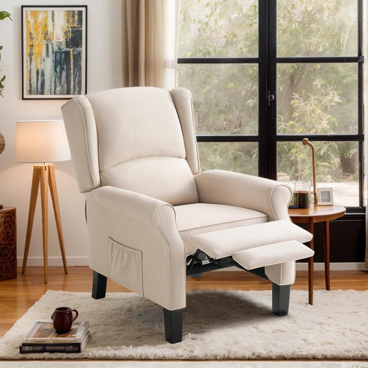 papajet Pushback Recliner Chair,Modern Fabric Wingback Accent Armchair with Storage Pockets and Wood Legs,Classic Living Room Single Sofa for Small Space