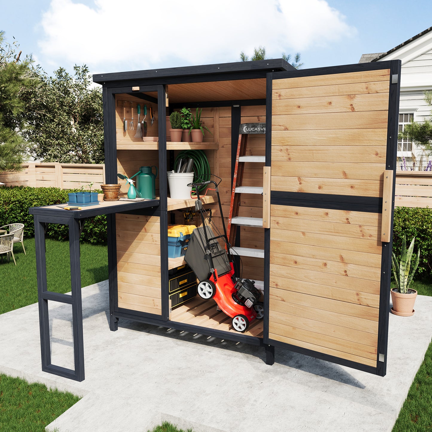 Jocisland Solid Wood Outdoor Storage Shed,Garden Tool Shed with Foldable Workbench, Adjustable Shelves,Slooping Roof,Weatherproof Utility Cabinet for Backyard,Patio&Lawn, Poolside