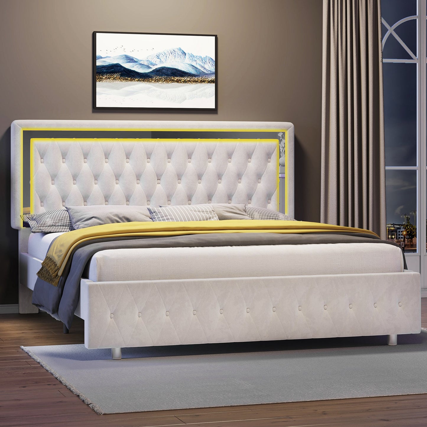 Platform  Bed Frame with LED Lights, Velvet Upholstered Bed Frame with Adjustable Headboard