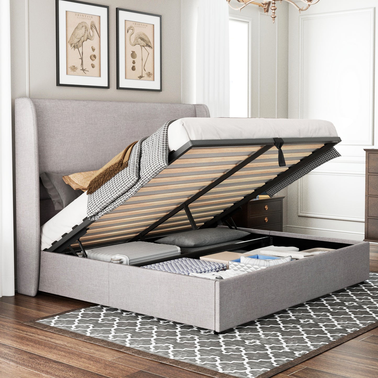 Jocisland Upholstered Platform Bed Frame with Hydraulic Lift Storage, Wingback Headboard, Wood Slats Support, No Box Spring Needed