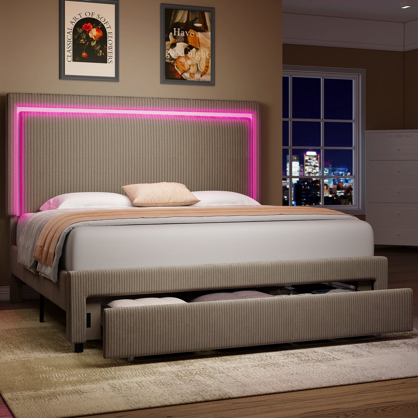 Corduroy Upholstered Bed Frame with LED Lights Headboard&Drawers