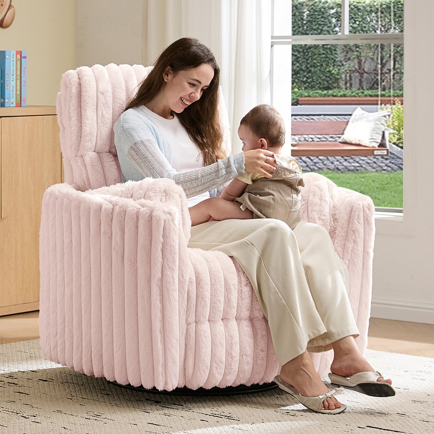 Jocisland Power Recliner Nursery Chair for Adults, Electric Swivel Rocking Glider with USB & Type-C, Soft Fabric Armchair with 2 Pillows, Cozy Reclining Sofa for Living Room, Bedroom, Light Pink