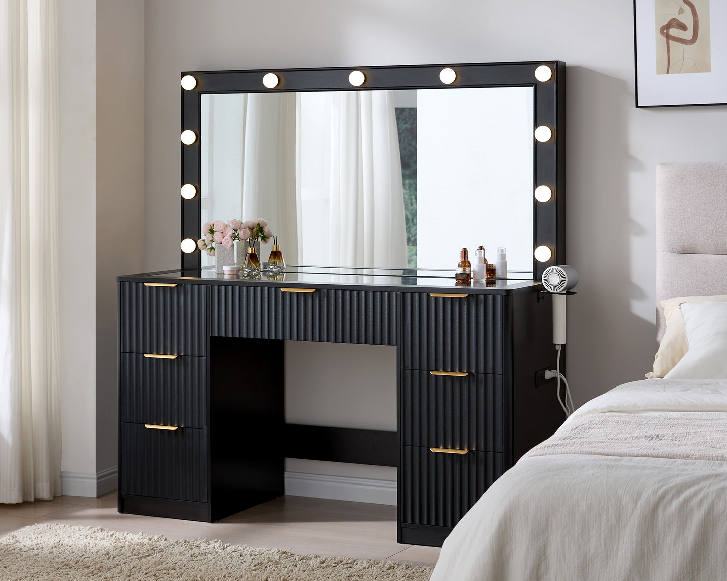Merluxy Fluted Vanity Desk with Large Mirror and Adjustable LED Lights, 4 Drawers Makeup Table with Glass Top and Charging Station