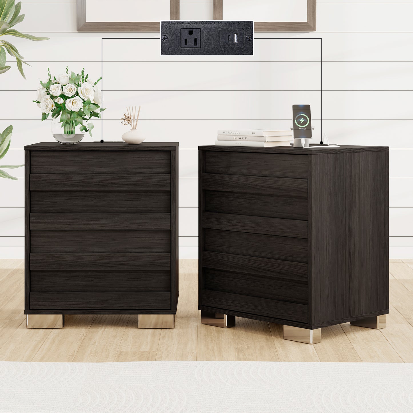 Nightstands Set of 2 with Charing Station, Farmhouse End Table with Drawers, Wood Bedside Table for Bedroom, Living Room