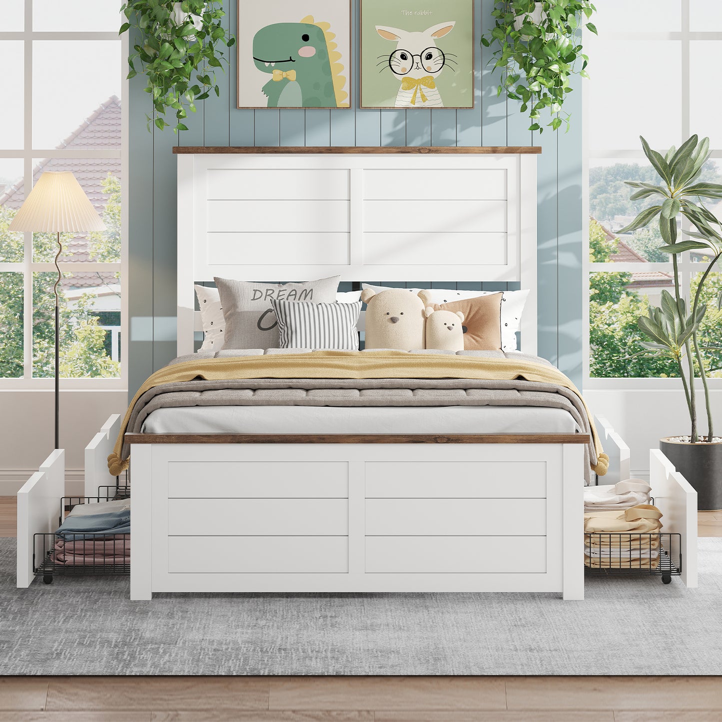 Farmhouse Twin Size Bed Frame with Headboard and 4 Storage Drawers, Solid Wood Barn Door Platform Bed with Wood Slats, Heavy Duty Mattress Foundation, Non-Slip & Noise-Free, Antique White