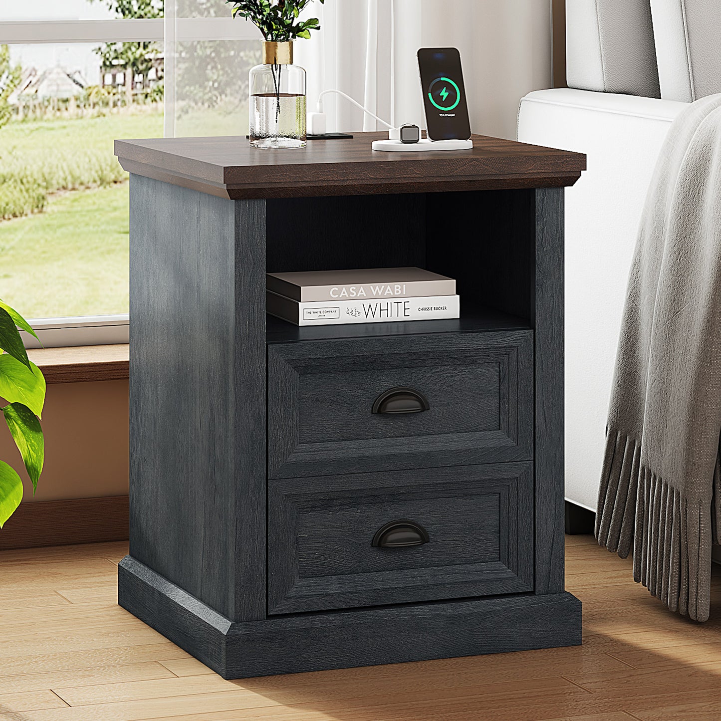 Nightstand with Charging Station,Farmhouse End Table with Two Drawer& Open Shlef,Side Tables with USB Ports & Outlets for Bedroom, Living Room, Closet