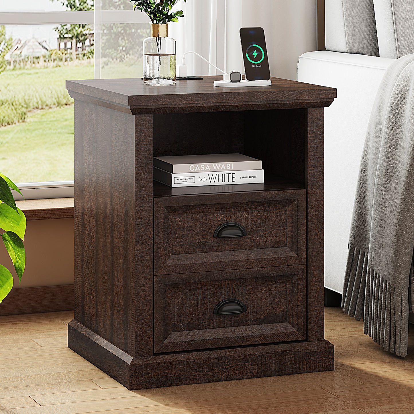 Nightstand with Charging Station,Farmhouse End Table with Two Drawer& Open Shlef,Side Tables with USB Ports & Outlets for Bedroom, Living Room, Closet