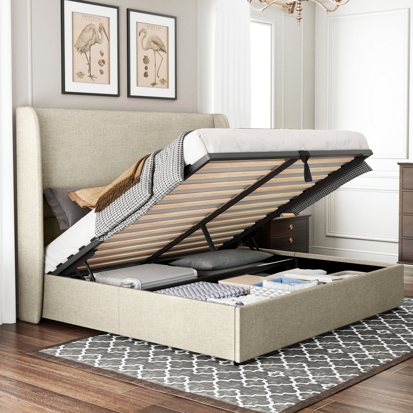 Jocisland Upholstered Platform Bed Frame with Hydraulic Lift Storage, Wingback Headboard, Wood Slats Support, No Box Spring Needed