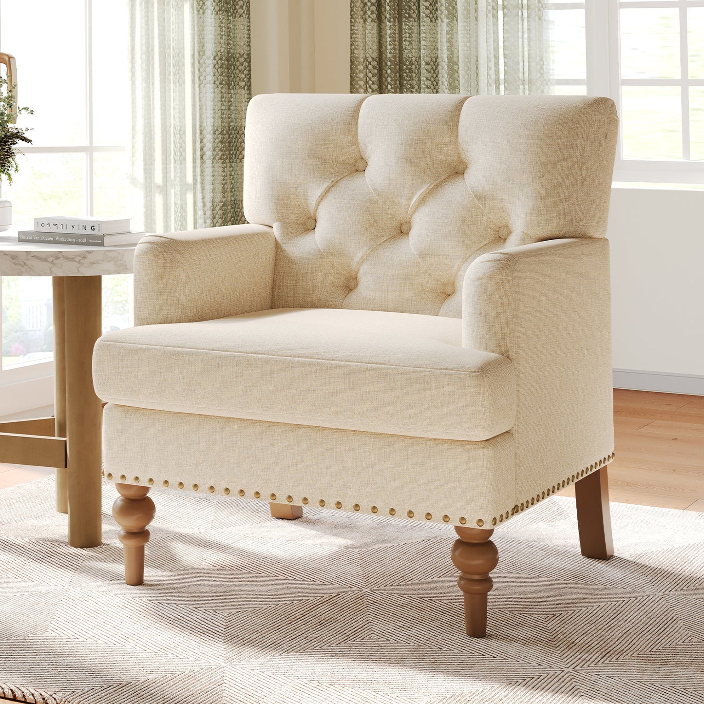 Linen Accent Chair, Modern Upholstered Button Tufted Lounge Reading Chair for Living Room