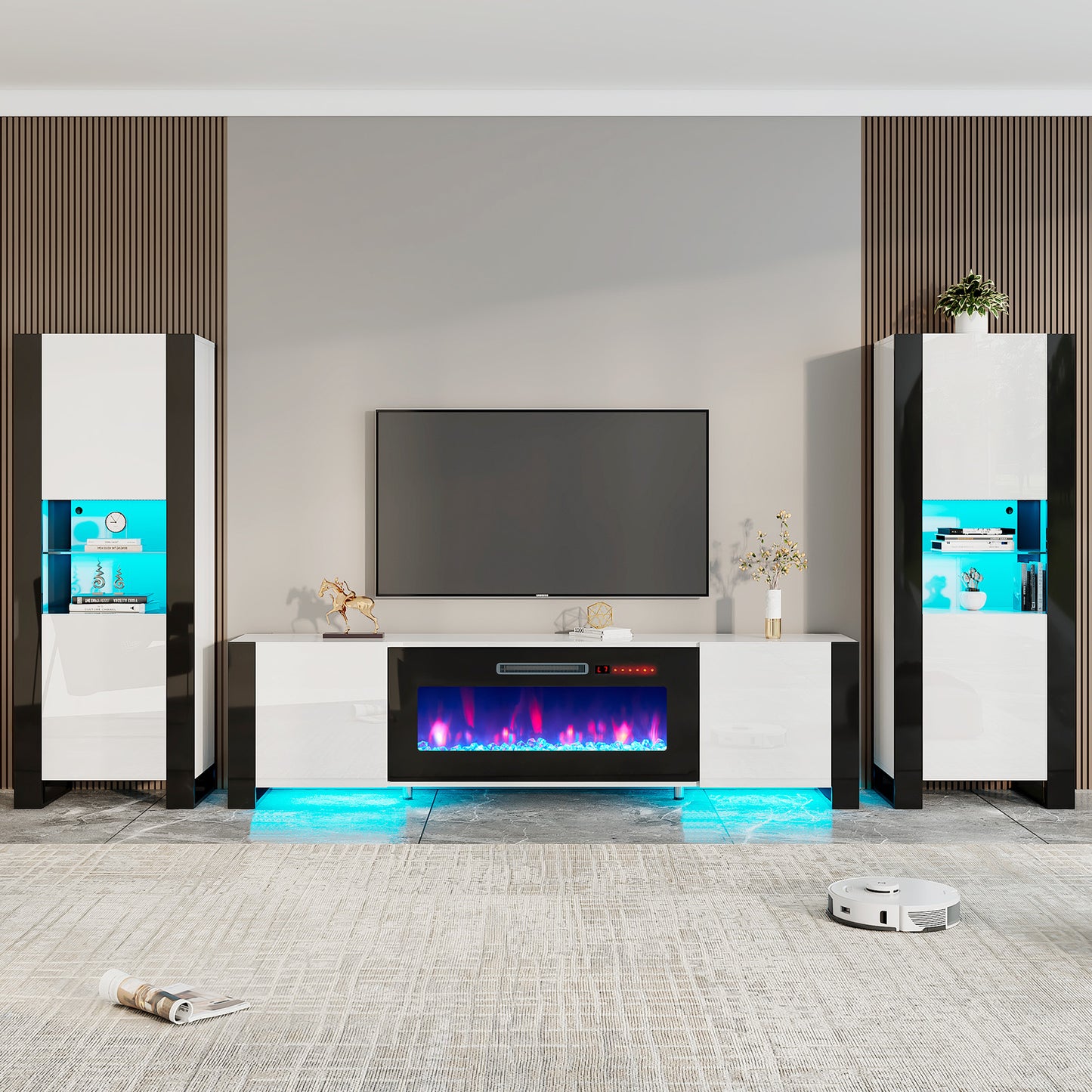 Merluxy 3 Pieces Modern Entertainment Center Set, High Gloss 70" Fireplace TV Stand with LED Lights, 36" Electric Fireplace, 2 Bookcases with Storage for Living Room, Home Office, Black