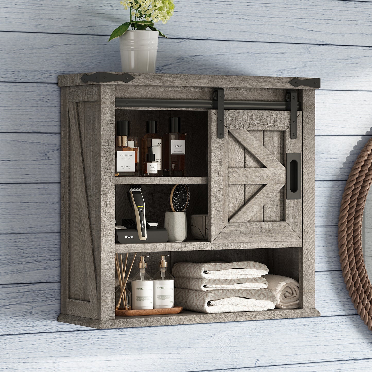 24" Wall Cabinet, Farmhouse Storage Cabinet with Sliding Barn Door & Adjustable Shelf, Cabinet Wall Mounted for Bathroom, Kitchen, Living Room