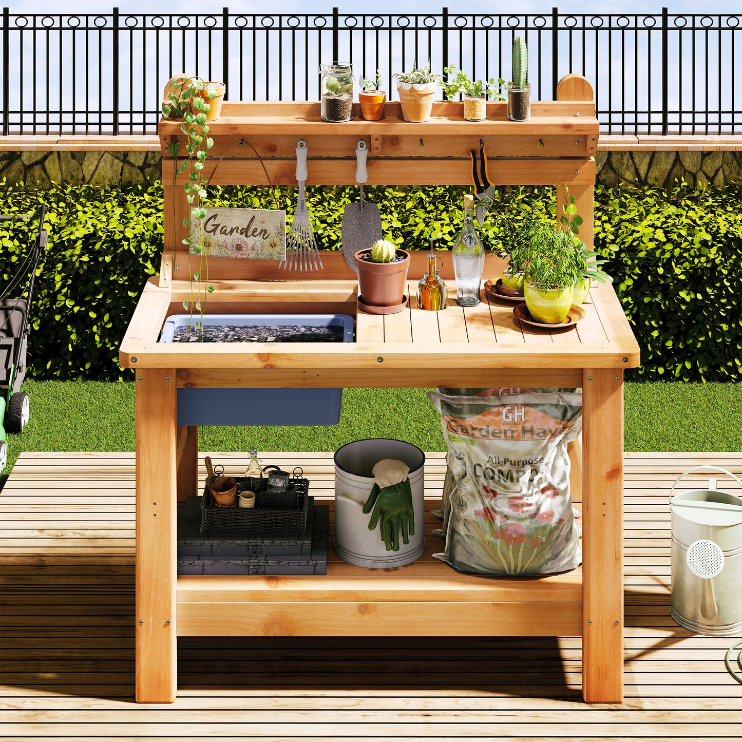 Jocisland Solid Wood Outdoor Potting Bench Table with Large Tabletop, Heavy-Duty Garden Workstation with Removable Plastic Bin, Multi-Level Storage Shelf, Easy Assembly for Patio, Yard & Gardening
