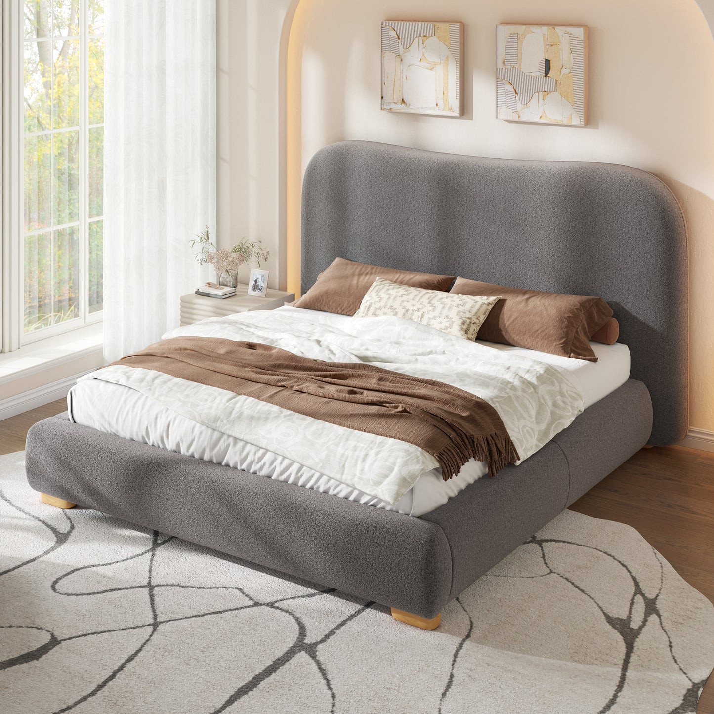Jocisland Cloud Bed Frame, 7.1" Thick Curved Headboard, Soft Rounded Corners Kid & Pet Safe Design, Modern Upholstered Platform Bed, No Box Spring Needed, Easy Assembly