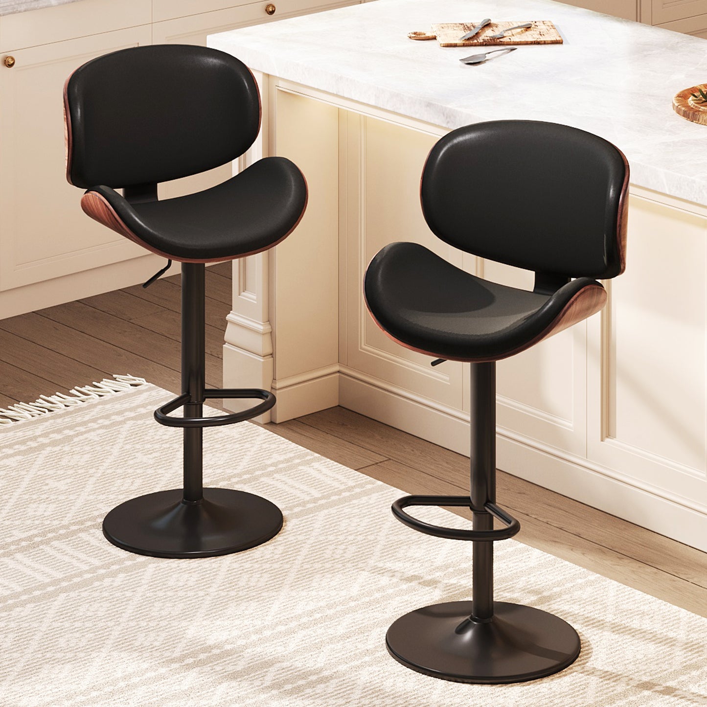 MERLUXY Modern Swivel Bar Stools Set of 4, Adjustable Bentwood Counter Height Barstools 24" to 33", PU Leather Upholstered Bar Chair with Back and Footrest, for Bar, Kitchen Island, Black