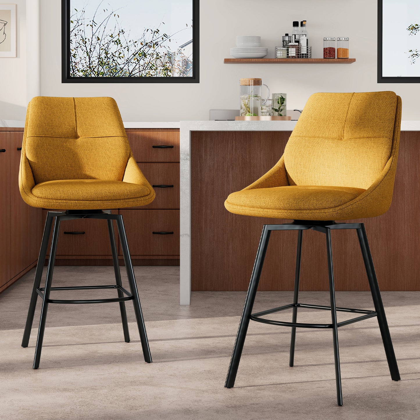 Melucy Counter Height Bar Stools Set of 2, 360° Swivel Bar Stools with Curved Back and Large Seat Cushion, 41" Tall Linen Bar Chair with Metal Footrest, Modern Barstools for Kitchen Island, Black