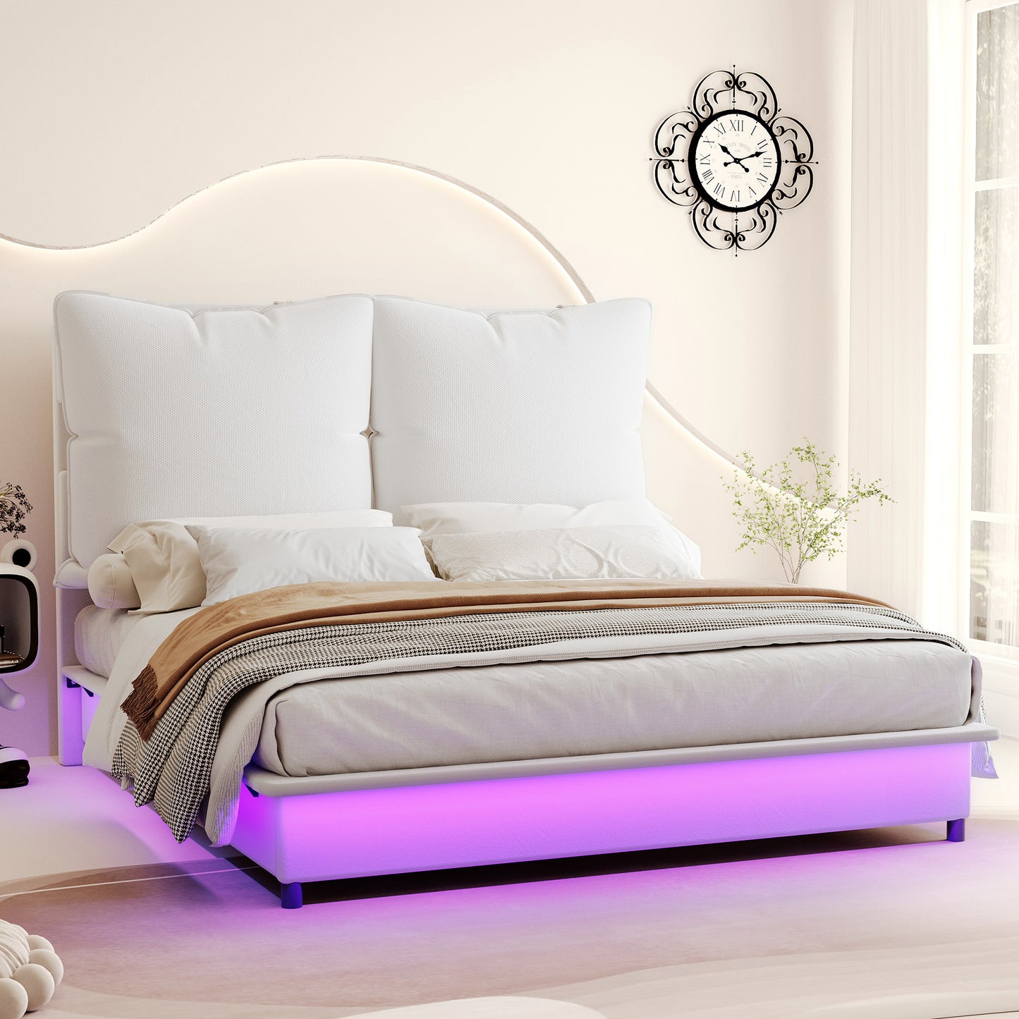 Jocisland Queen Bed Frame with LED Lights and Upholstered Headboard, Floating Design with Recessed Legs, Soft Detachable Backrest, No Box Spring Needed, Modern Style, White