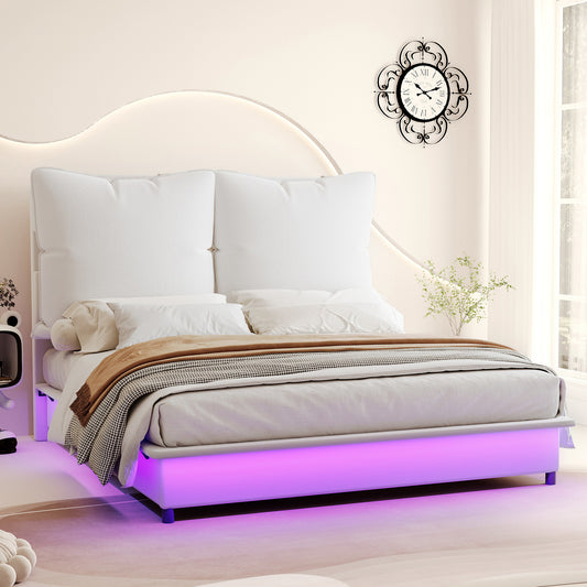 Jocisland Queen Bed Frame with LED Lights and Upholstered Headboard, Floating Design with Recessed Legs, Soft Detachable Backrest, No Box Spring Needed, Modern Style, White