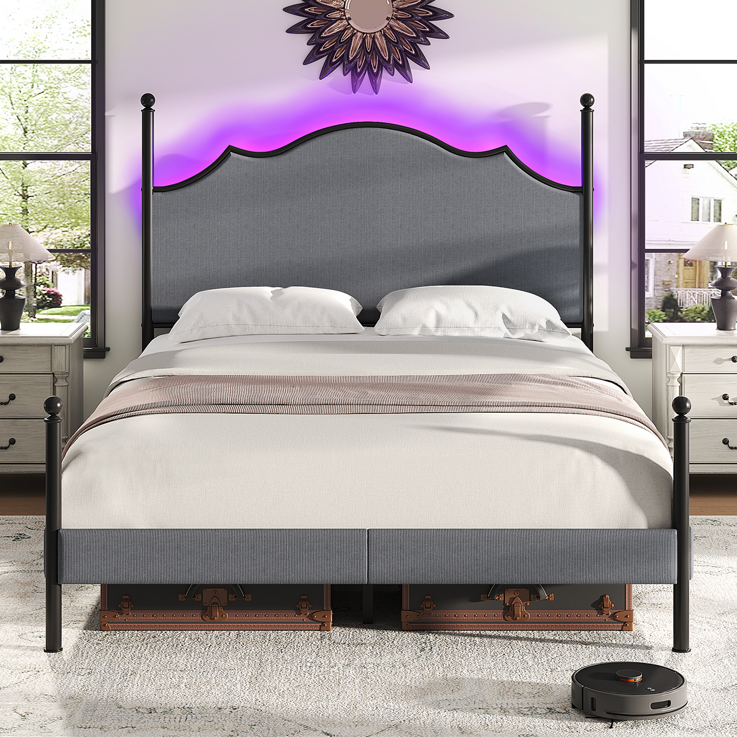 Upholstered Full Size Bed Frame with 51.2" Tall Headboard, Metal Four Poster LED Beds for Bedroom, Easy Assembly, Wooden Slats