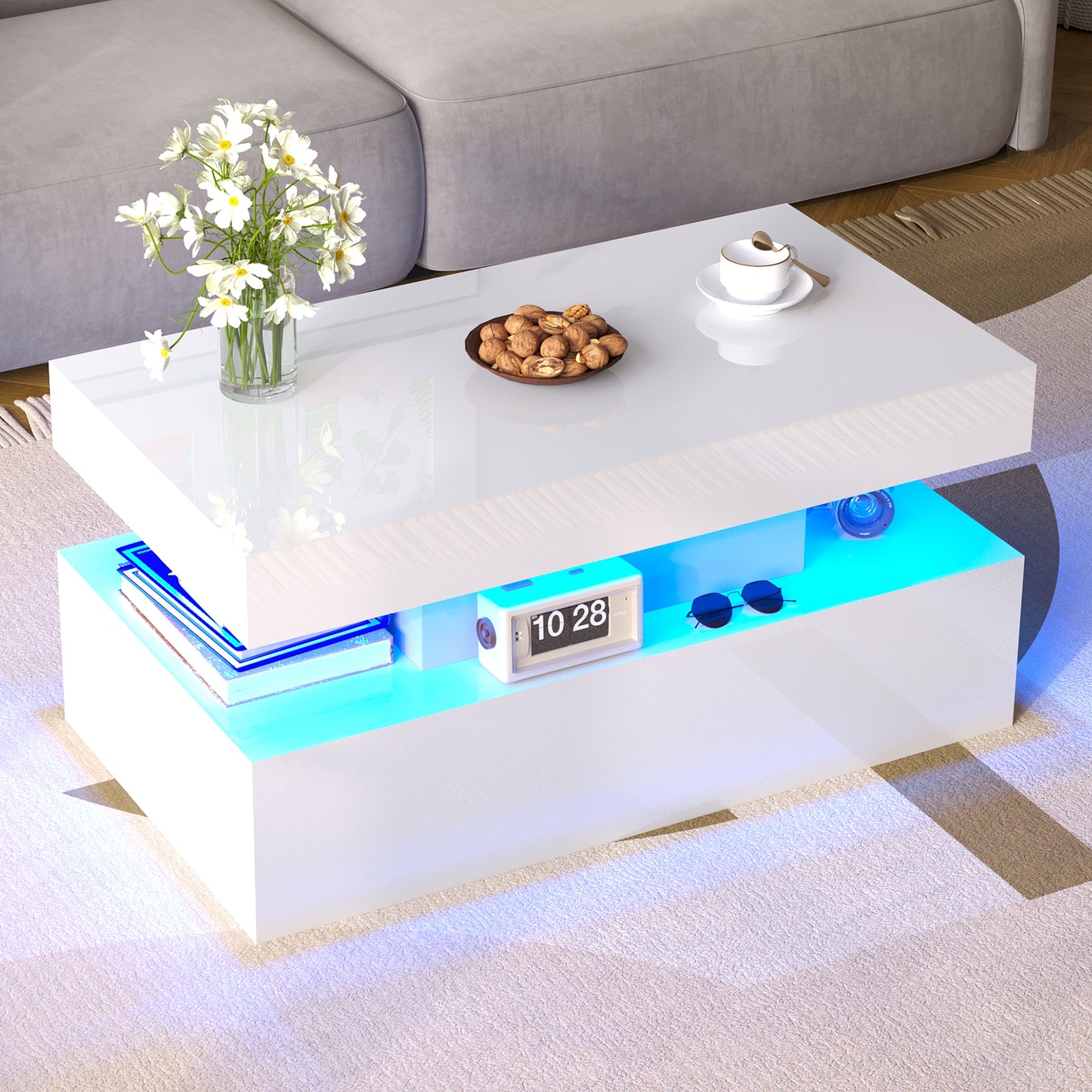 Coffee Table with LED Light, Modern High Gloss Finish Center Table with 2-Tier Storage Space, Minimalist Coffee Table for Living Room, Office, Black