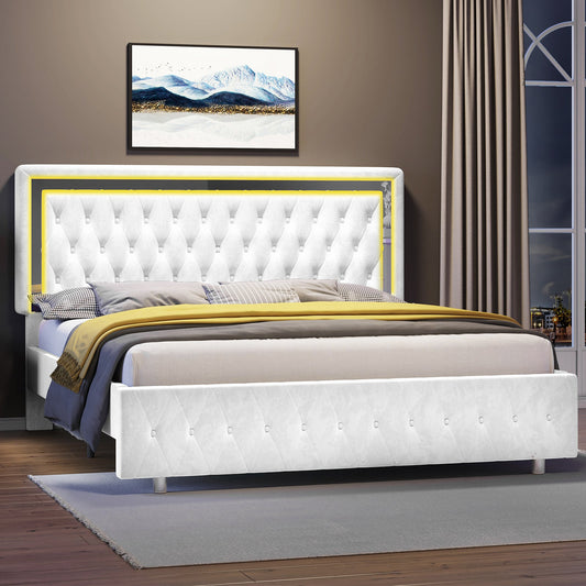 Platform  Bed Frame with LED Lights, Velvet Upholstered Bed Frame with Adjustable Headboard