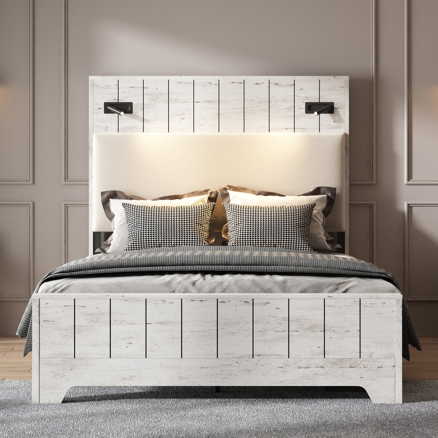 Bed Frame with 57" Tall Headboard, Modern Platform Bed Frame with 2 Built-in Reading Lights and Upholstered Headboard, No Box Spring Needed, Easy Assembly