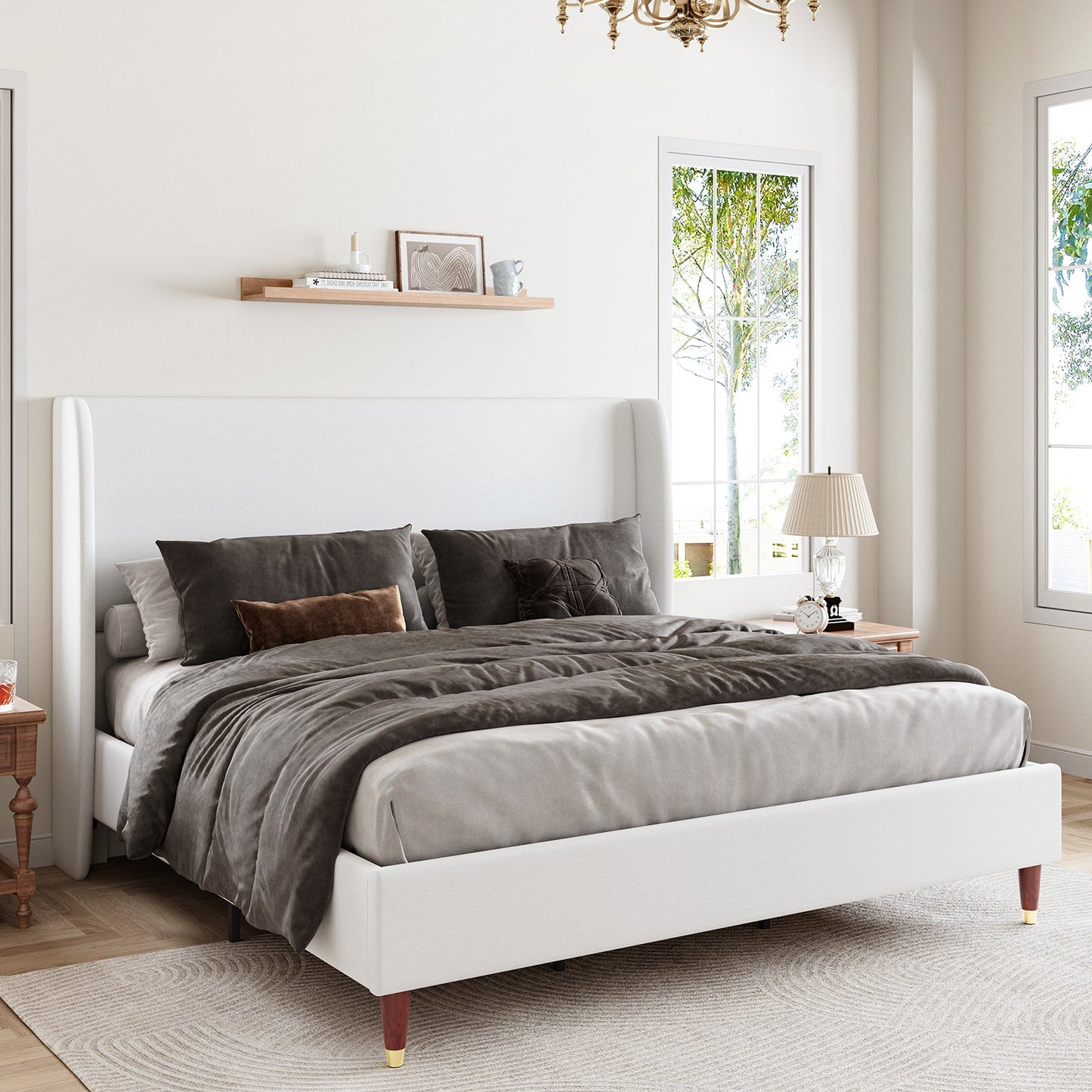 Fabric Upholstered Bed Frame with Wingback Headbord