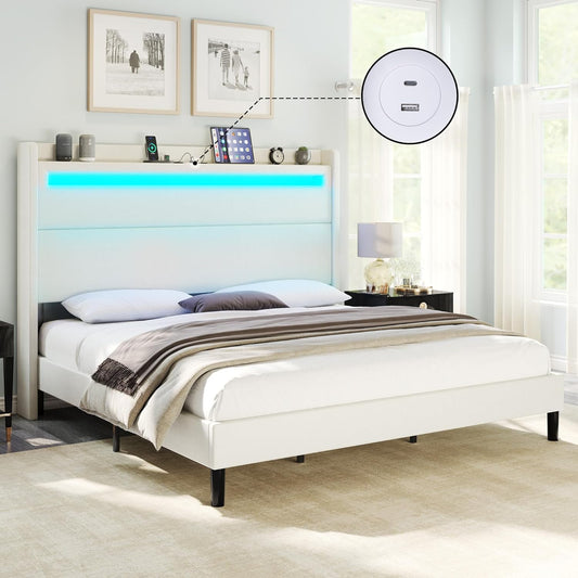 Bed Frame with LED Lights & Wingback Headboard, Upholstered Platform Bed with USB & USB-C Ports, No Box Spring Needed/Noise Free