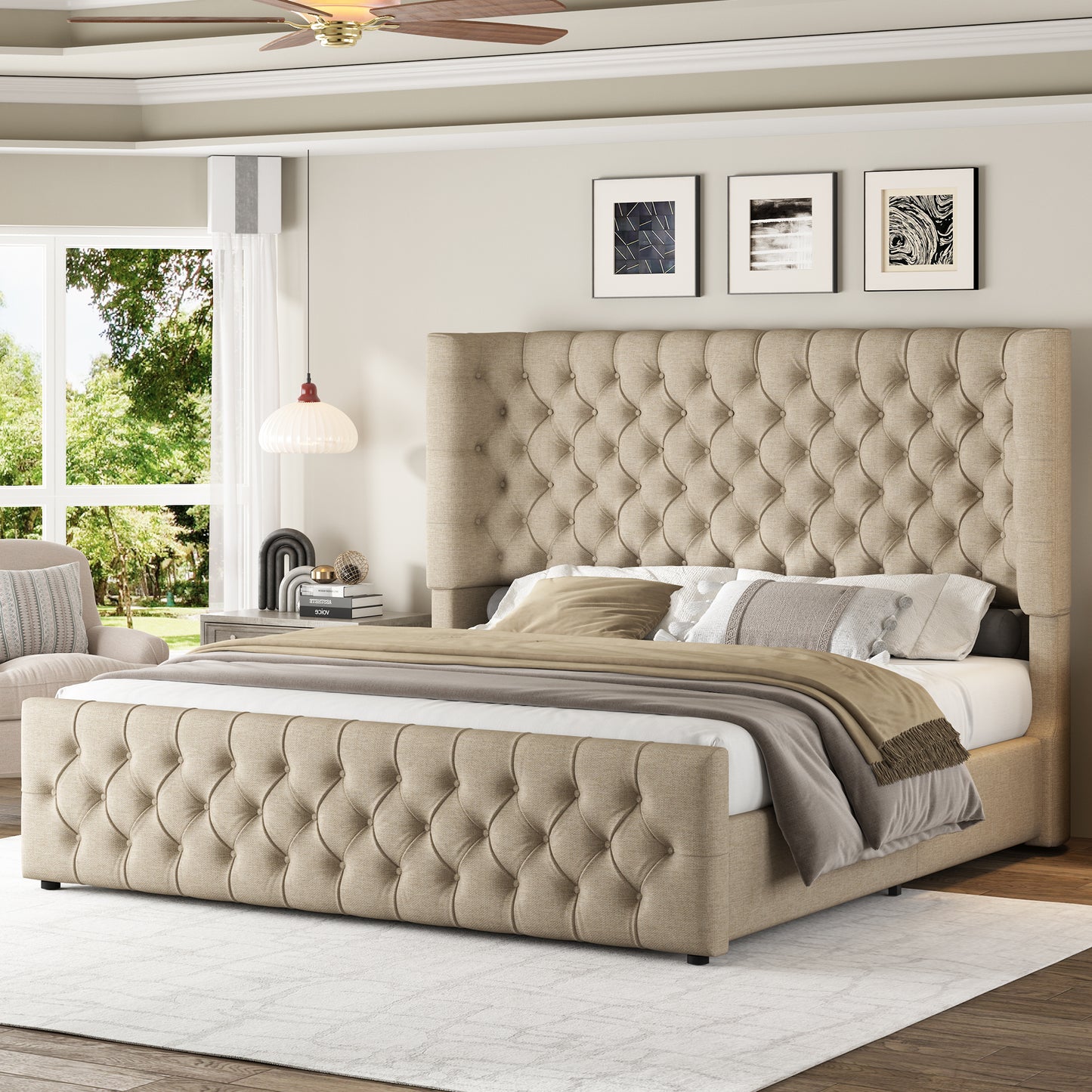 Jocisland Platform Bed Frame, 6.3" Thick Upholstered Curved Wingback Headboard and Footboard with Deep Button Tufted, Easy Assembly, No Box Spring Needed