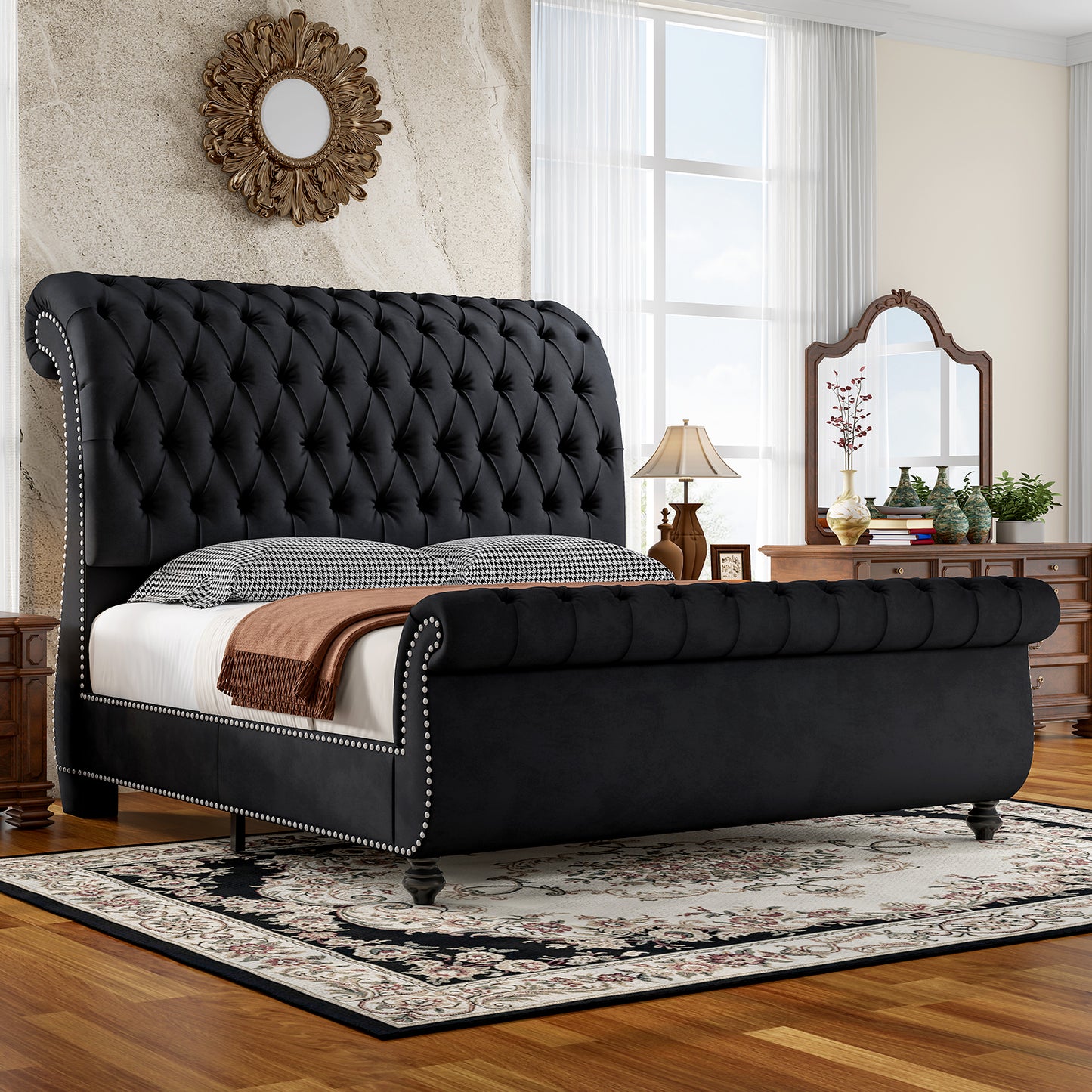 Jocisland Velvet Upholstered Platform Sleigh Bed Frame with Scroll Headboard & Footboard, Button Tufted