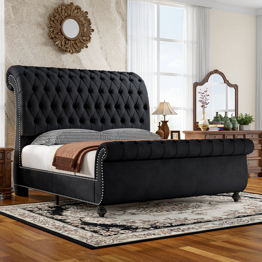 Jocisland Velvet Upholstered Platform Sleigh Bed Frame with Scroll Headboard & Footboard, Button Tufted