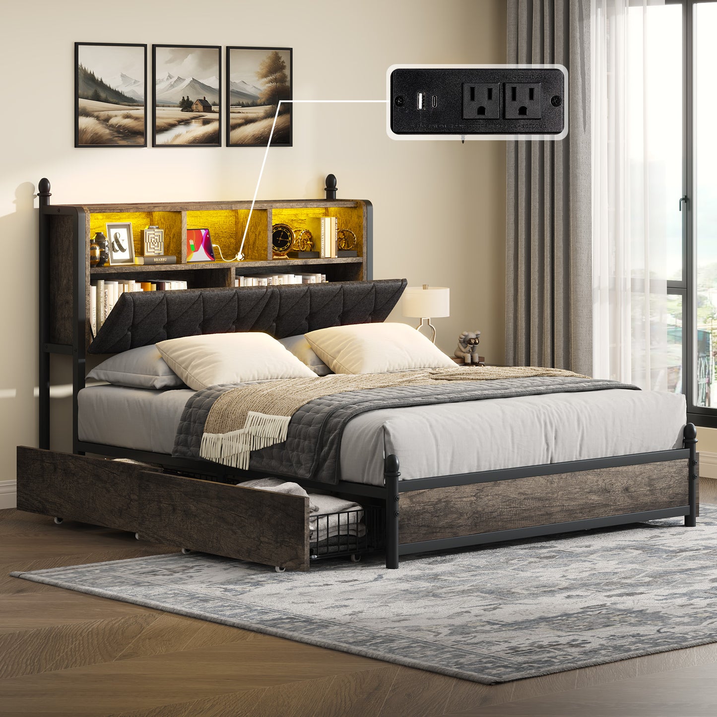 Bed Frame with Bookcase Headboard and 4 Storage Drawers, Wooden Platform Bed with Charging Station and LED Light, No Box Spring Needed/Noise-Free