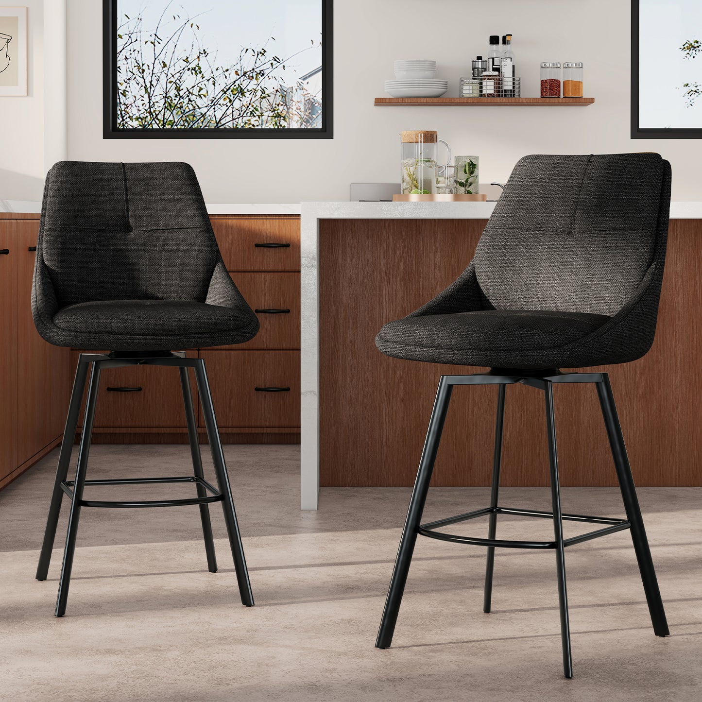 Melucy Counter Height Bar Stools Set of 2, 360° Swivel Bar Stools with Curved Back and Large Seat Cushion, 41" Tall Linen Bar Chair with Metal Footrest, Modern Barstools for Kitchen Island, Black