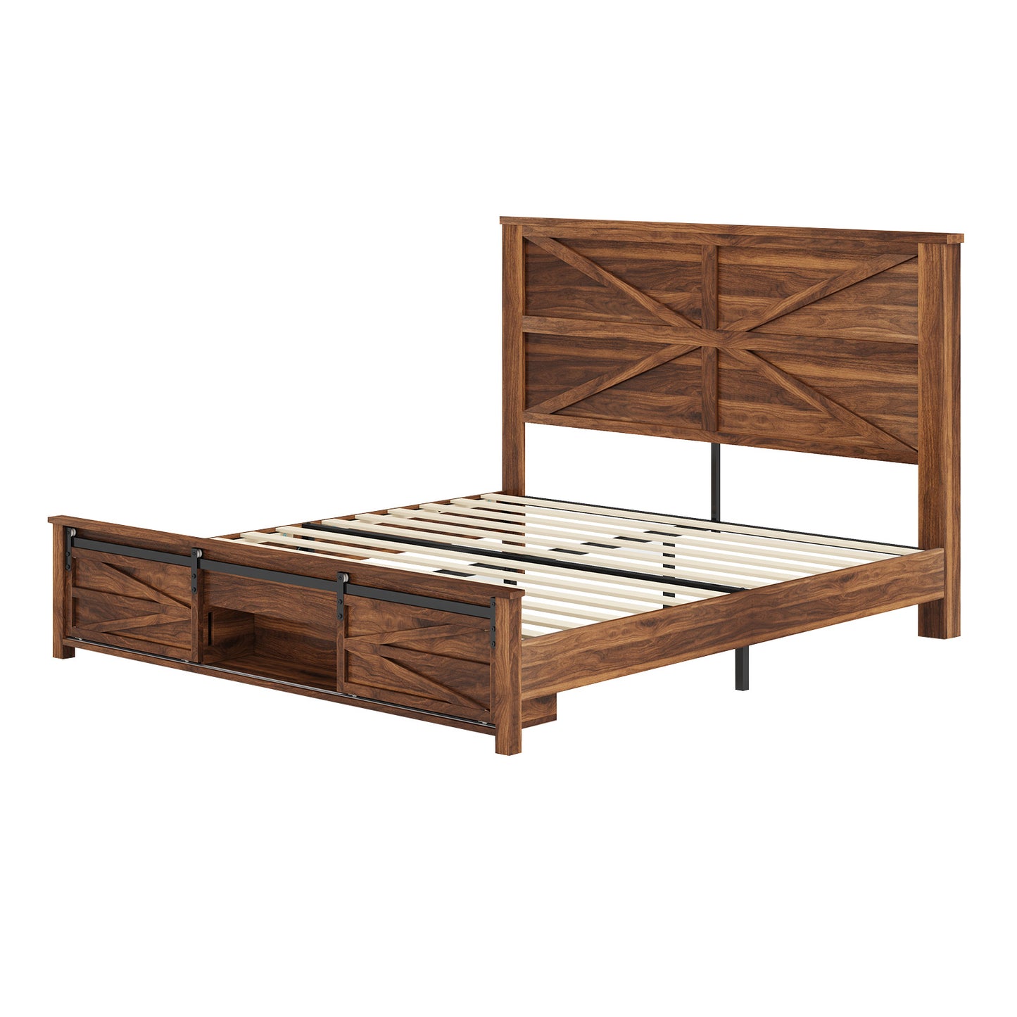 Merluxy Farmhouse Wood Bed Frame Full Size with Sliding Barn Door Storage Cabinets and Headboard,Solid Wood Slats Support,No Squeak, No Box Spring Needed,Rusric Brown